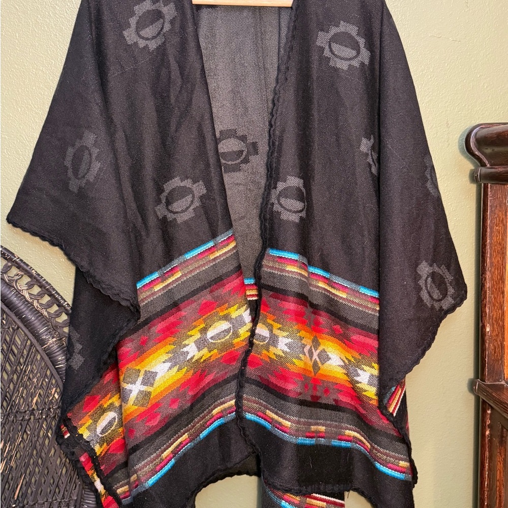 Black Poncho with Colorful Pattern